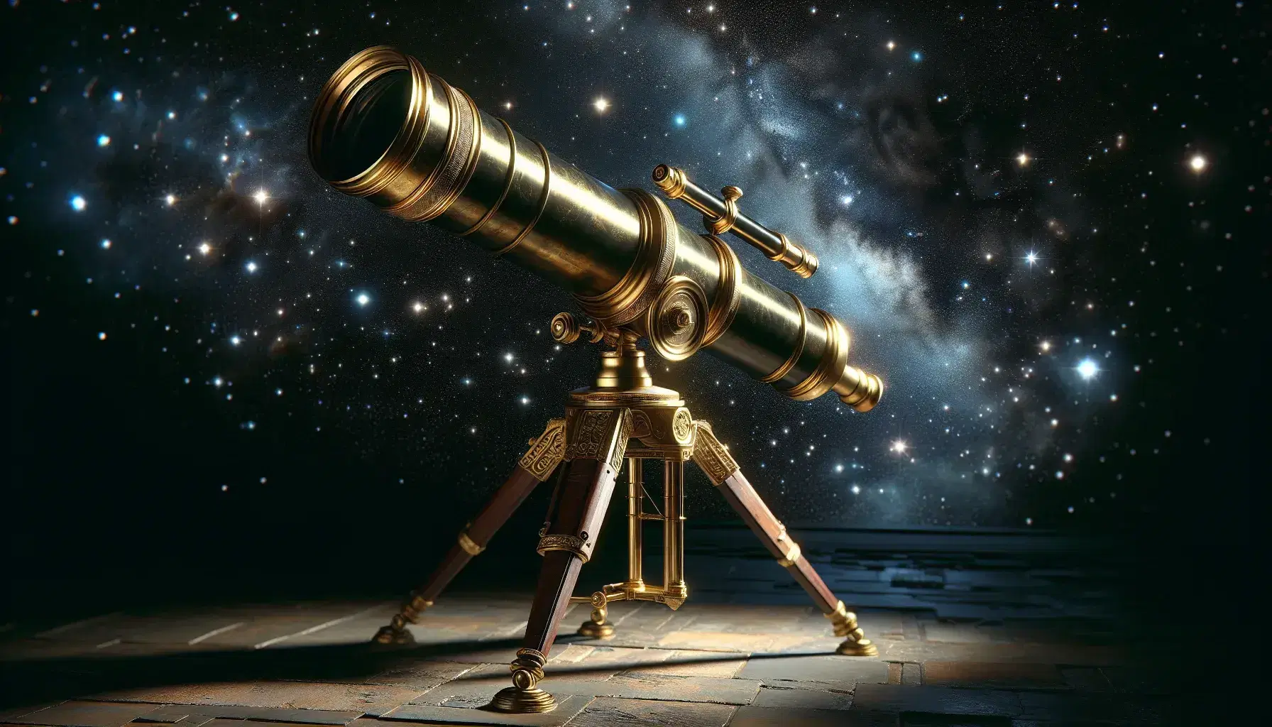 Vintage brass telescope on wooden tripod poised for stargazing against a star-filled night sky, reflecting the essence of astronomy.