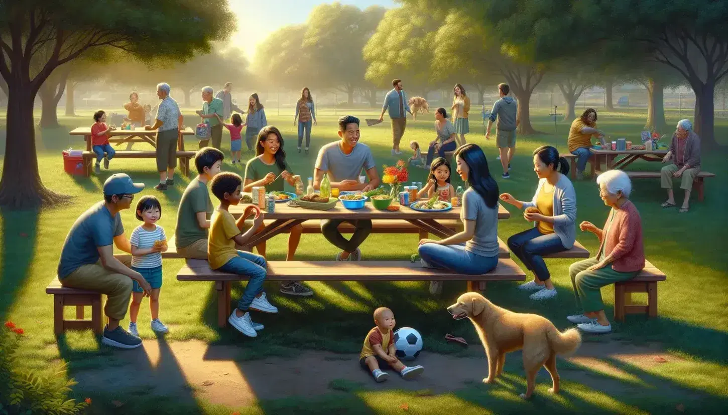 Grupo diverso disfrutando de un picnic en un parque soleado, con adultos compartiendo comida, una abuela conversando con un adolescente y un niño jugando con un perro.