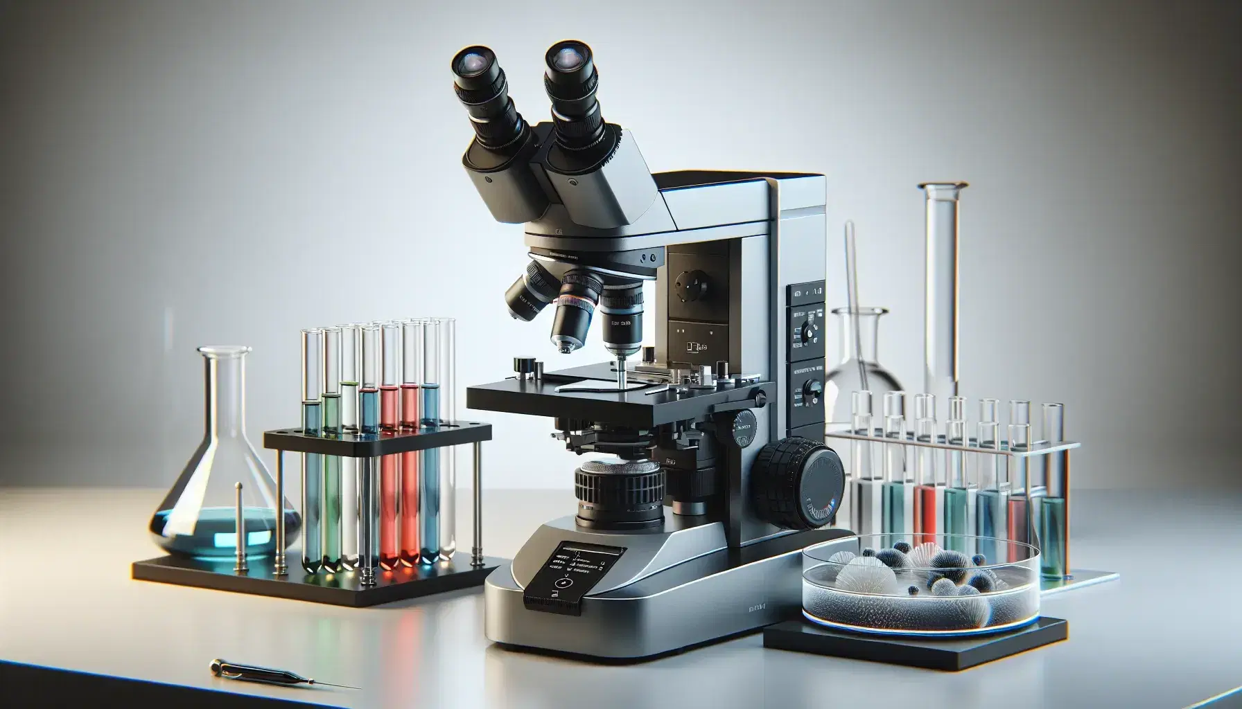 Microscopio electrónico de laboratorio ergonómico con tubos de ensayo de colores en gradiente y placa de Petri con colonias en fondo blanco.