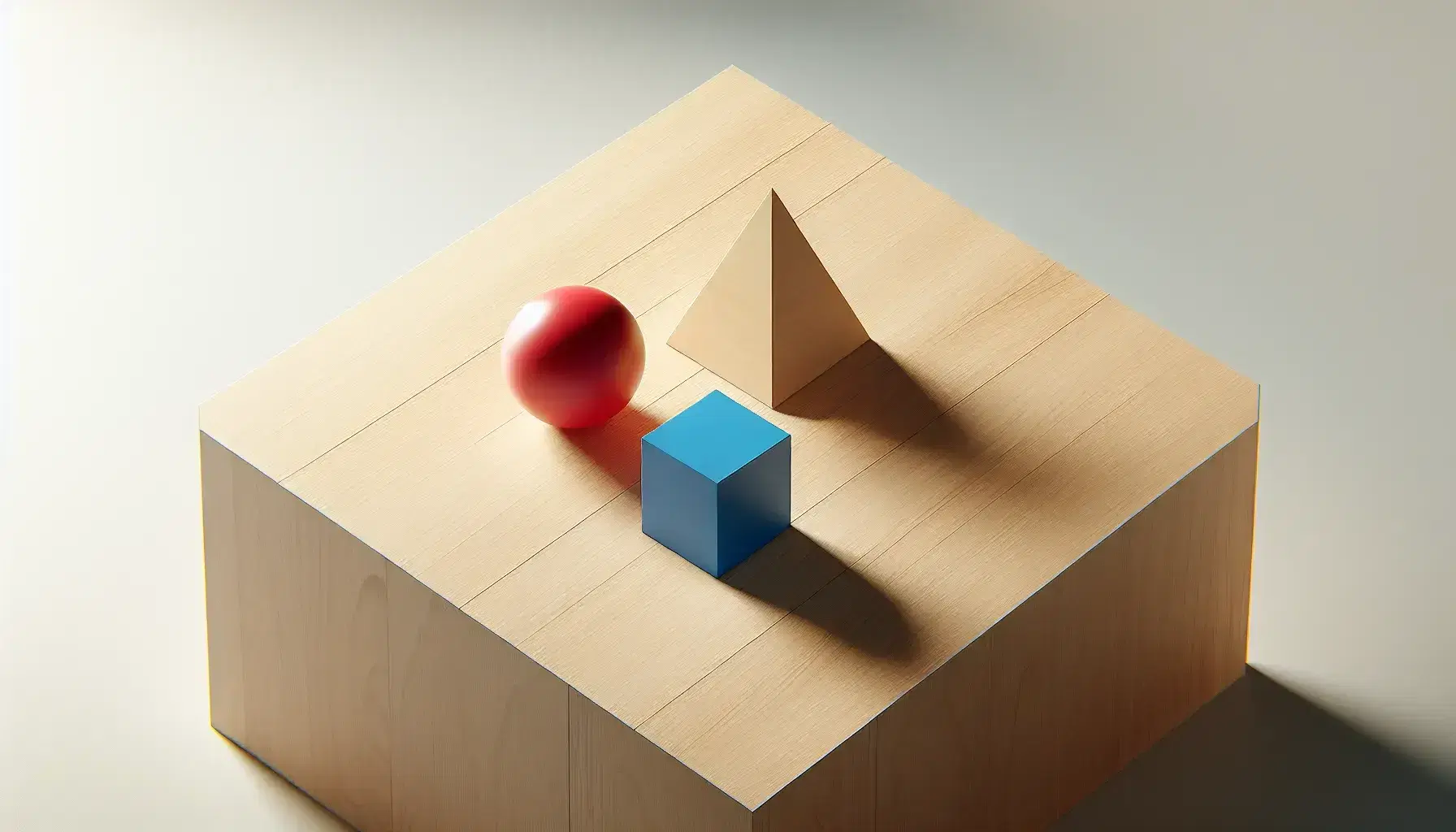 Organized wooden desk with a red sphere, blue cube, and yellow pyramid arranged in an equidistant triangle, against a soft gray to white gradient background.