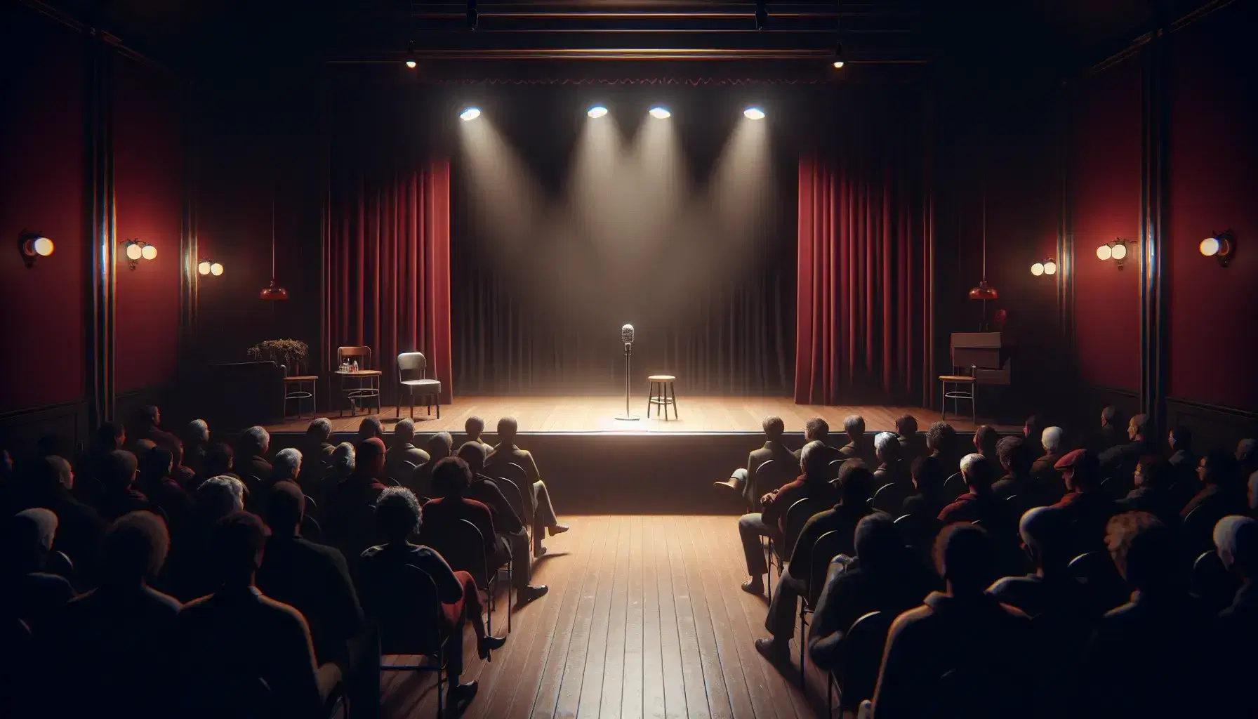Dimly lit intimate venue stage with a single microphone stand, red velvet curtains backdrop, and an attentive, diverse audience in soft lighting.