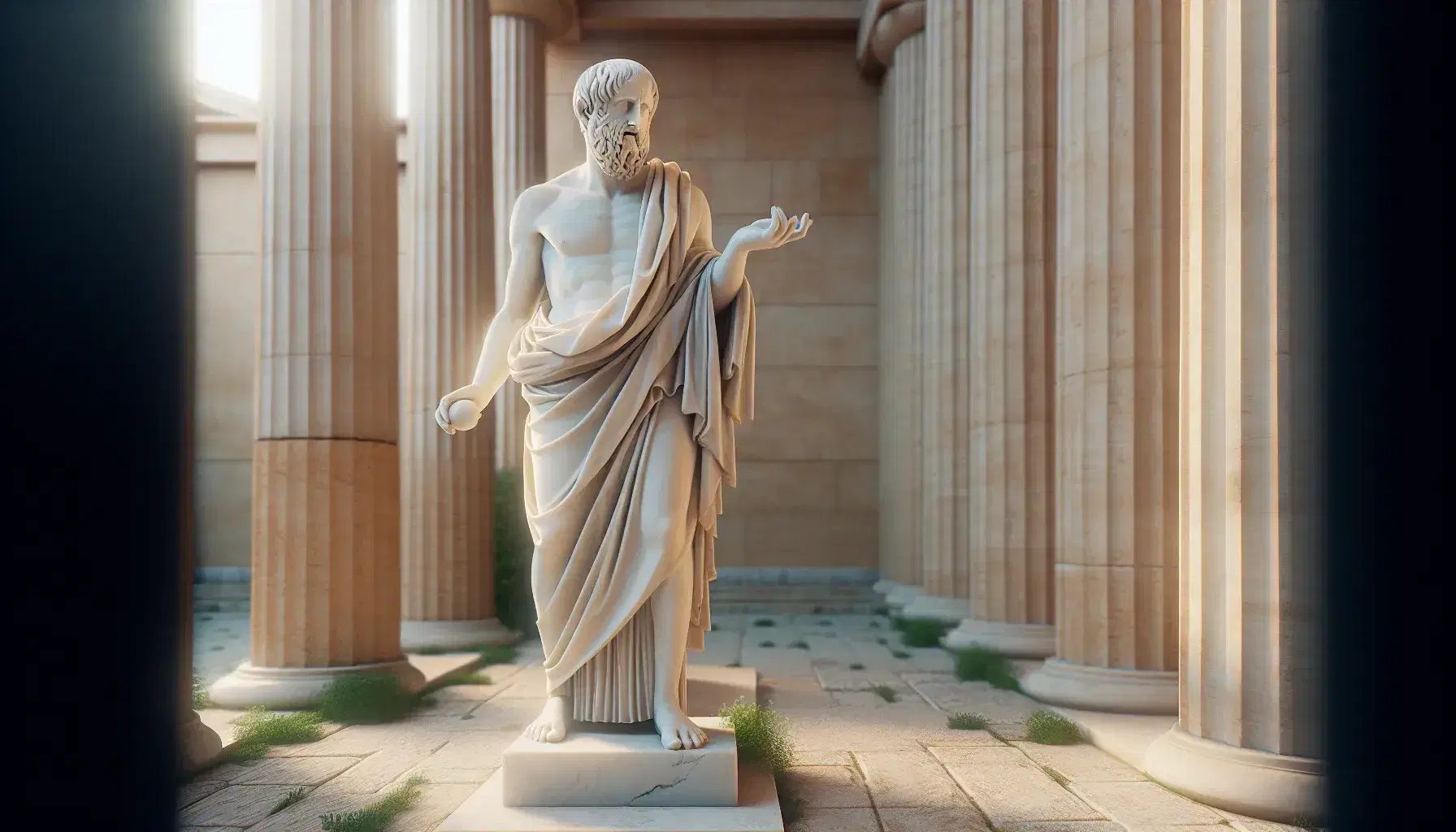 Estatua de mármol blanco de filósofo griego antiguo con mano extendida y rollo, frente a columnas de templo clásico, iluminada por luz solar suave.