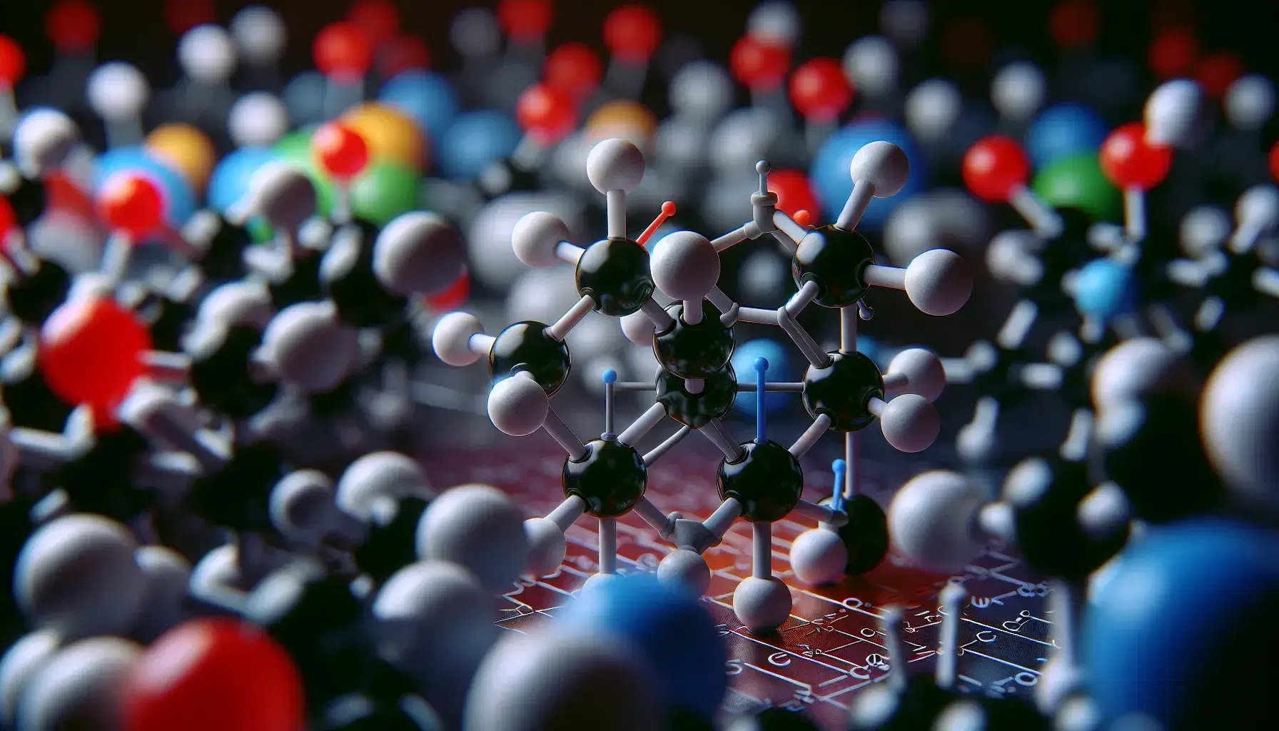 Molecular model with a five-membered ring, four black carbon atoms, a blue nitrogen atom and a red double bond, on a blurred background.
