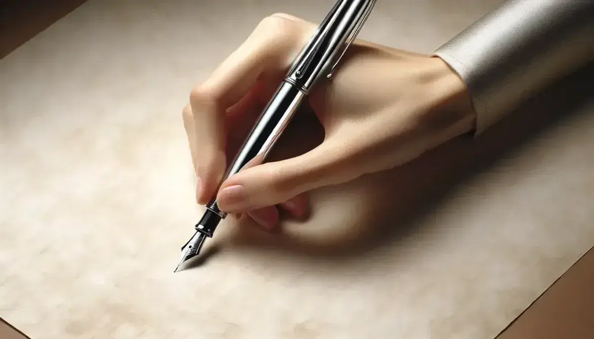 Mano sujetando un elegante bolígrafo metálico sobre papel color crema, listo para escribir, destacando la simplicidad y elegancia de la escritura a mano.