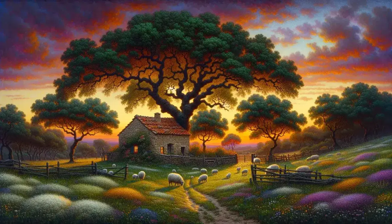 Paesaggio bucolico al tramonto con casetta in pietra, tetto rosso, grande quercia, prato fiorito e pecore al pascolo sotto cielo arancione e viola.