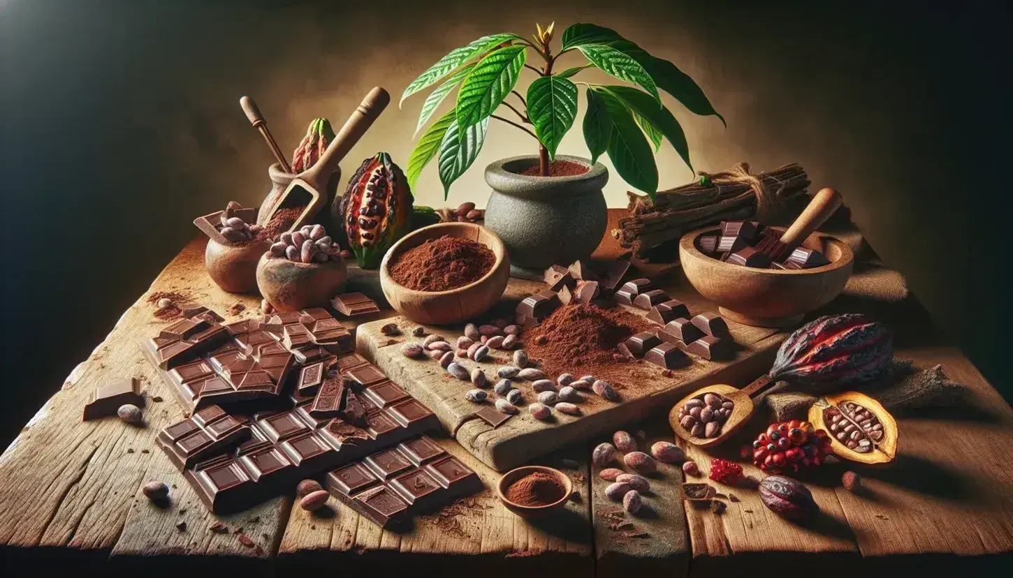 Tavolo rustico con fave di cacao, pezzi di cioccolato fondente, piantina di cacao, mortaio con semi e termometro da cucina.