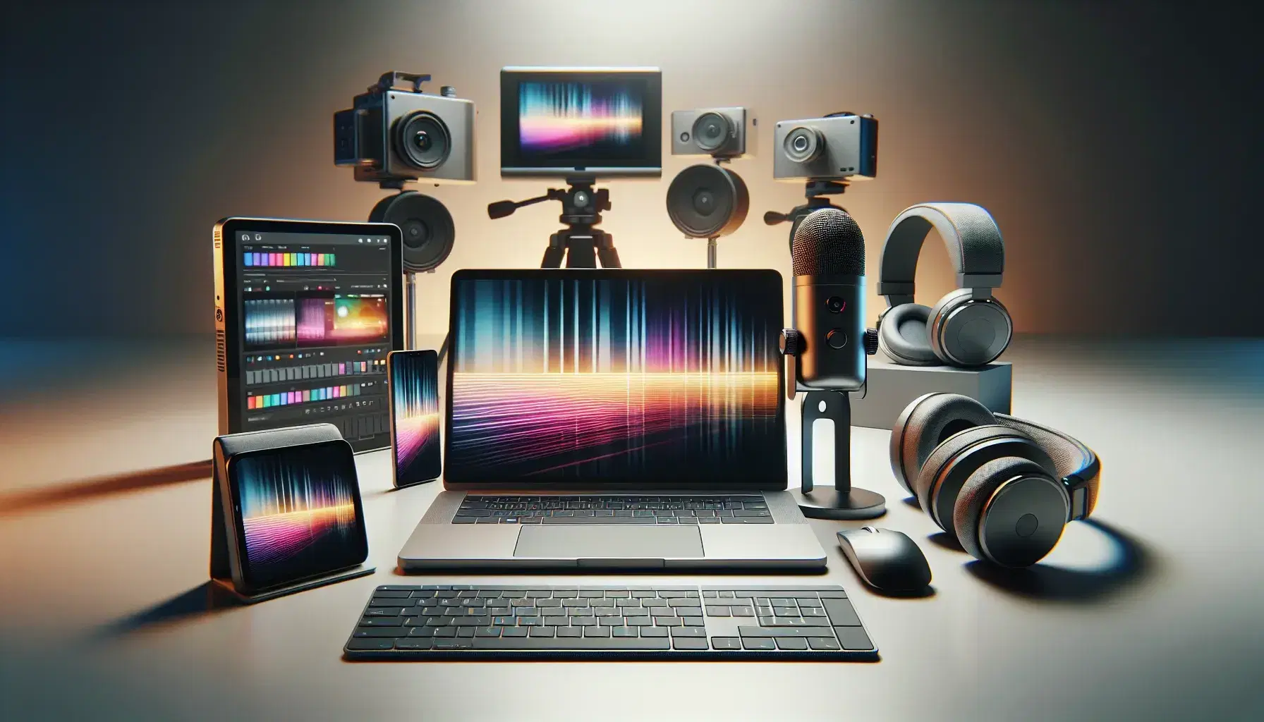 Conjunto de dispositivos electrónicos modernos con laptop abierto, smartphone, tablet, micrófono condensador y auriculares sobre superficie clara, cámara digital al fondo.