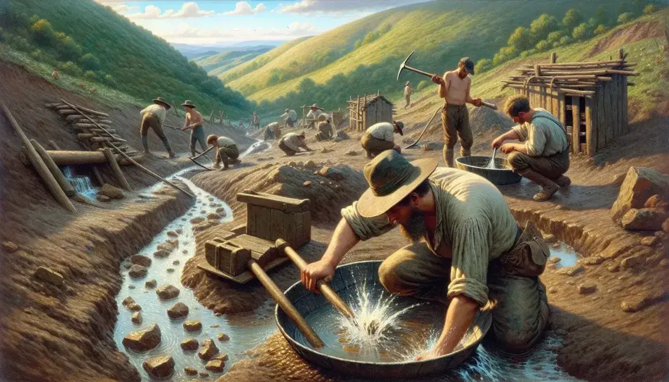 Hombres trabajando en mina de oro al aire libre, lavando material en canal de agua y excavando con pico en colinas verdes.