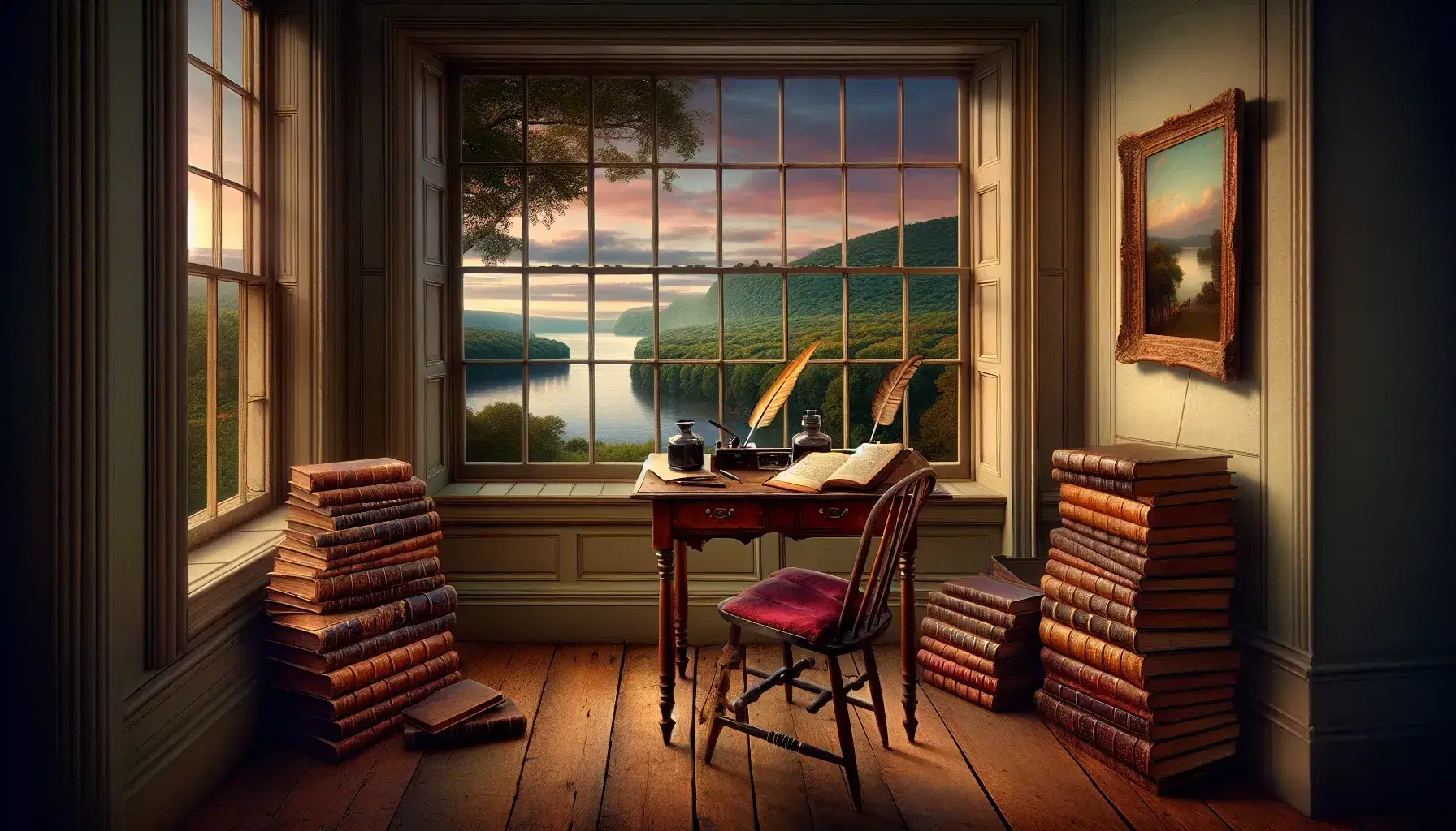 Early 19th-century inspired study with a wooden desk, quill pen, inkwell, and leather books, overlooking a Hudson Valley-like landscape at twilight.