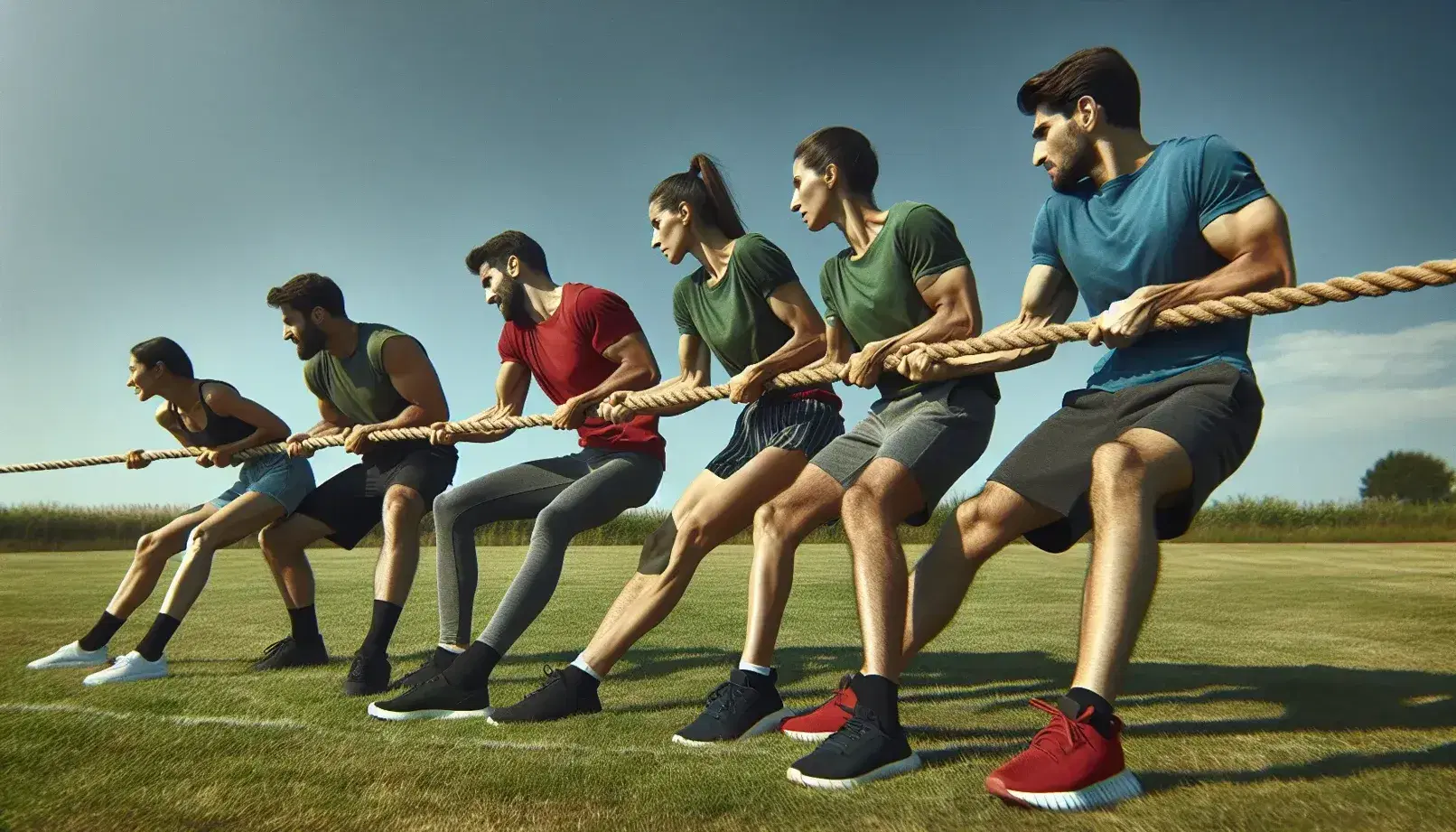 Five people engaged in a tug-of-war on a grassy field under a clear blue sky, teams of three and two show varying effort levels.