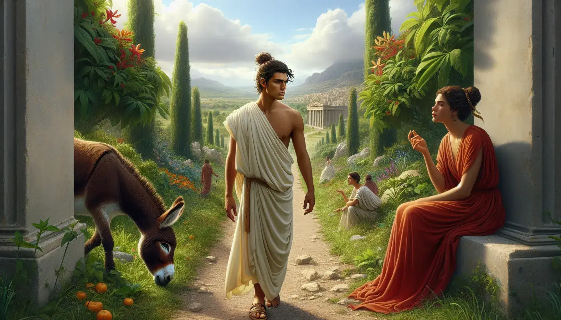 Giovane uomo in toga cammina pensieroso su sentiero naturale verso città antica, donna in rosso gli parla, asino brucia erba.