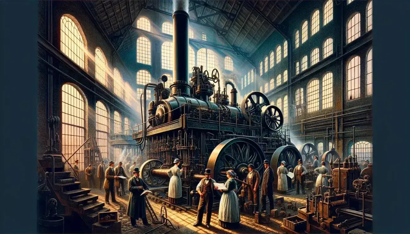 Macchina a vapore attiva e operai concentrati in fabbrica dell'epoca della Seconda Rivoluzione Industriale, con ingegnere in discussione.