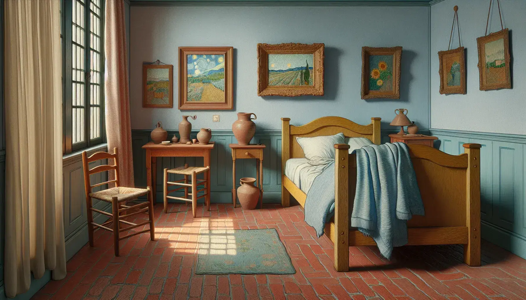 Riproduzione del dipinto 'La Camera da Letto' di Van Gogh con letto in legno, lenzuola azzurre, sedia di paglia e quadri sulle pareti.