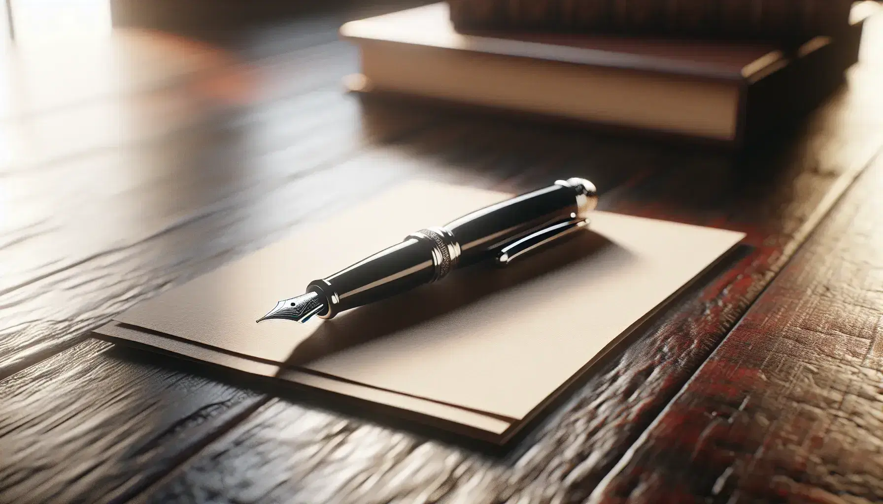Pluma fuente negra con detalles plateados sobre papel en blanco y mesa de madera oscura, reflejando elegancia y ambiente cálido difuminado.