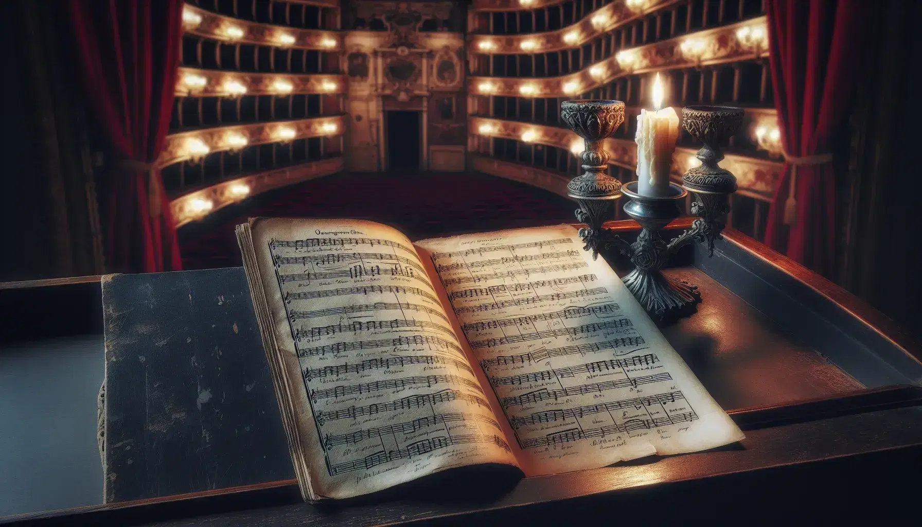 Spartito antico d'opera italiana del XVIII secolo su leggio in legno scuro, illuminato da candela su candelabro d'argento, con sfondo di teatro d'opera sfocato.