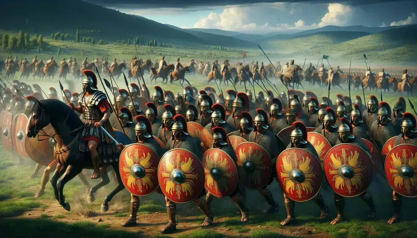 Soldati romani in formazione di battaglia con elmi di bronzo e scudi rossi, cavalleria e colline verdi sullo sfondo.