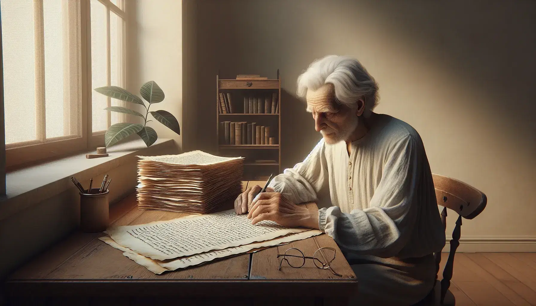 Elderly individual with white hair writing at a wooden desk, surrounded by handwritten pages, a book, glasses, and a plant in a warmly lit room.