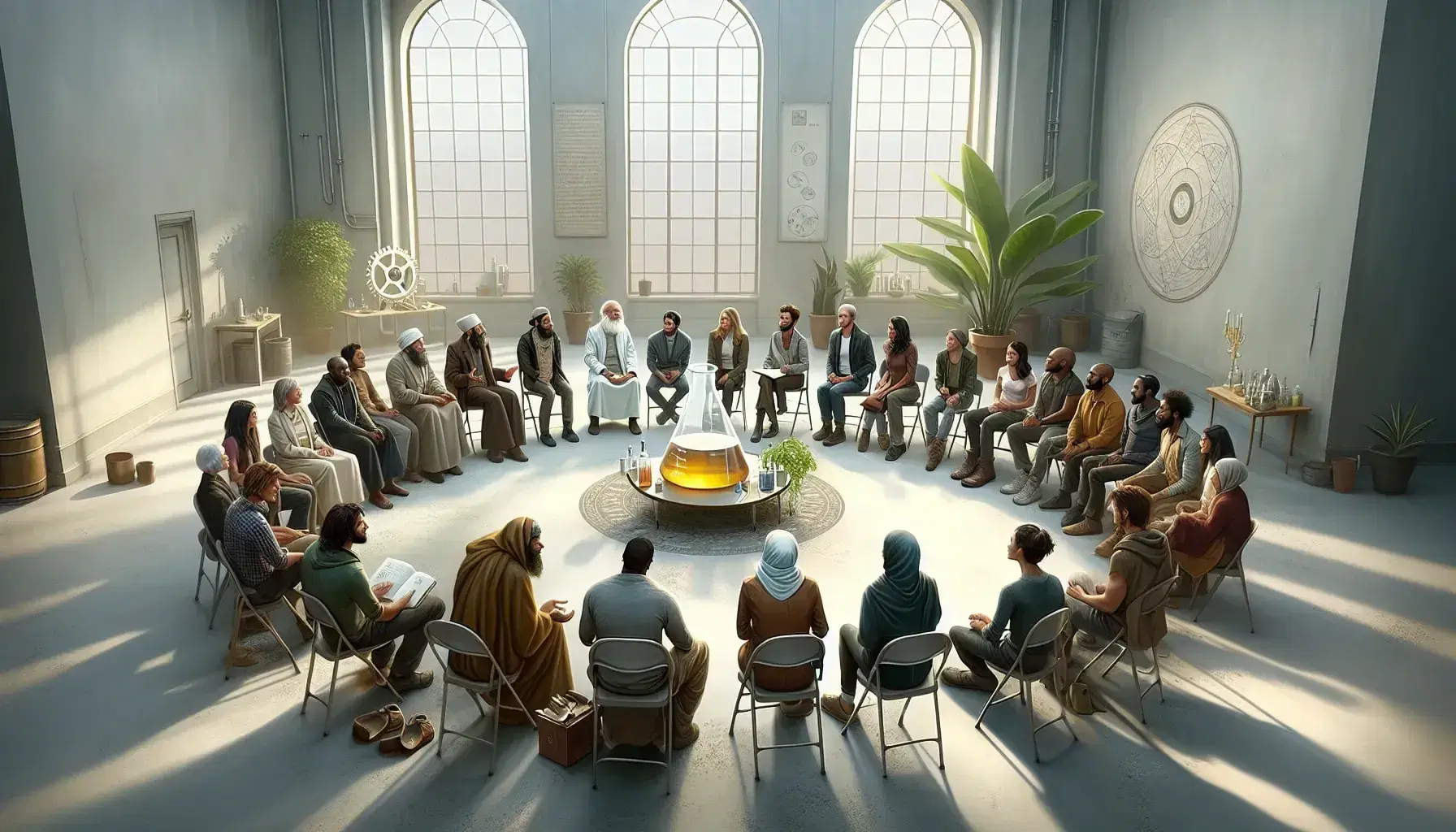 Multi-ethnic group sitting in a circle in a bright room with a central table with beaker, plant, open book and gear.