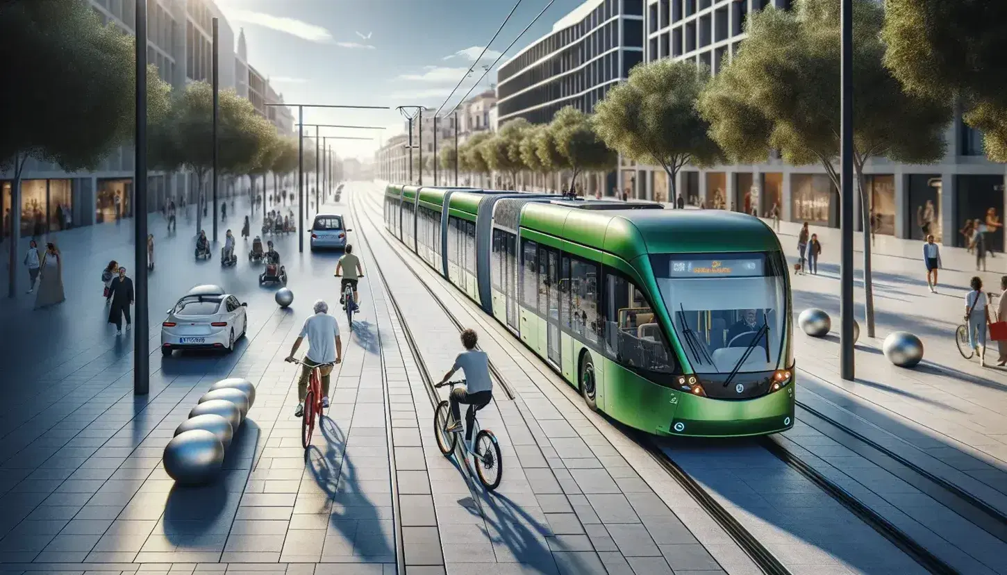 Modern Spanish cityscape with an eco-friendly electric bus, cyclists in a bike lane, a sleek tram, and a lively pedestrian plaza against a backdrop of diverse buildings under a clear blue sky.