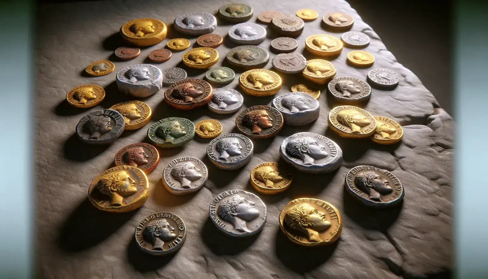 Monedas antiguas de diferentes tamaños y colores sobre superficie de piedra lisa, con relieves de perfiles históricos y símbolos indescifrables.