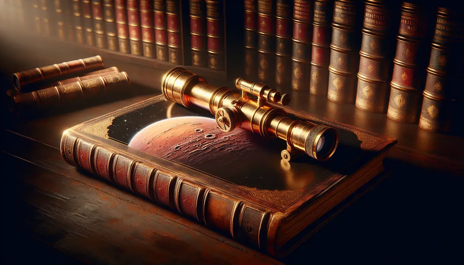 Vintage brass telescope on an open leather-bound book with a Mars-like illustration, set on a dark wooden table in a dimly lit study.