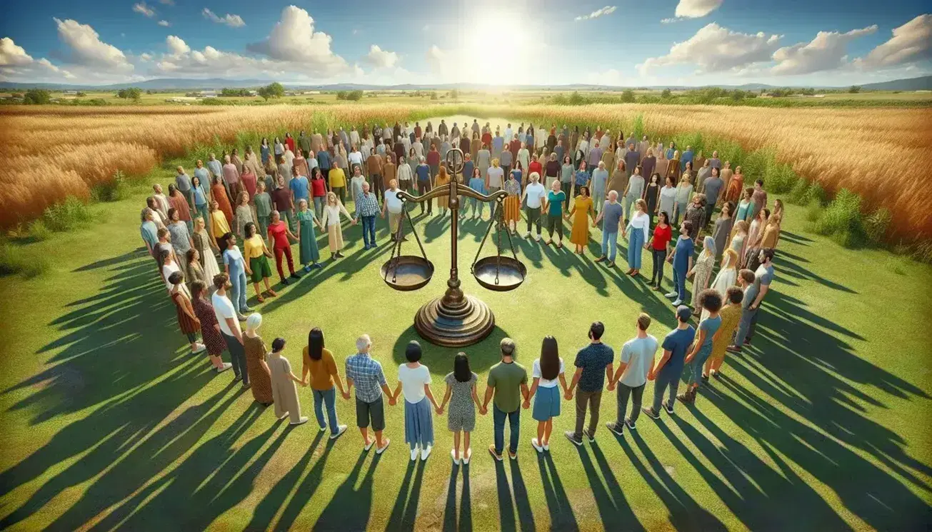 Grupo diverso de personas de diferentes edades y etnias tomados de la mano en círculo alrededor de una balanza de dos platos vacía y equilibrada, bajo un cielo azul con césped verde.