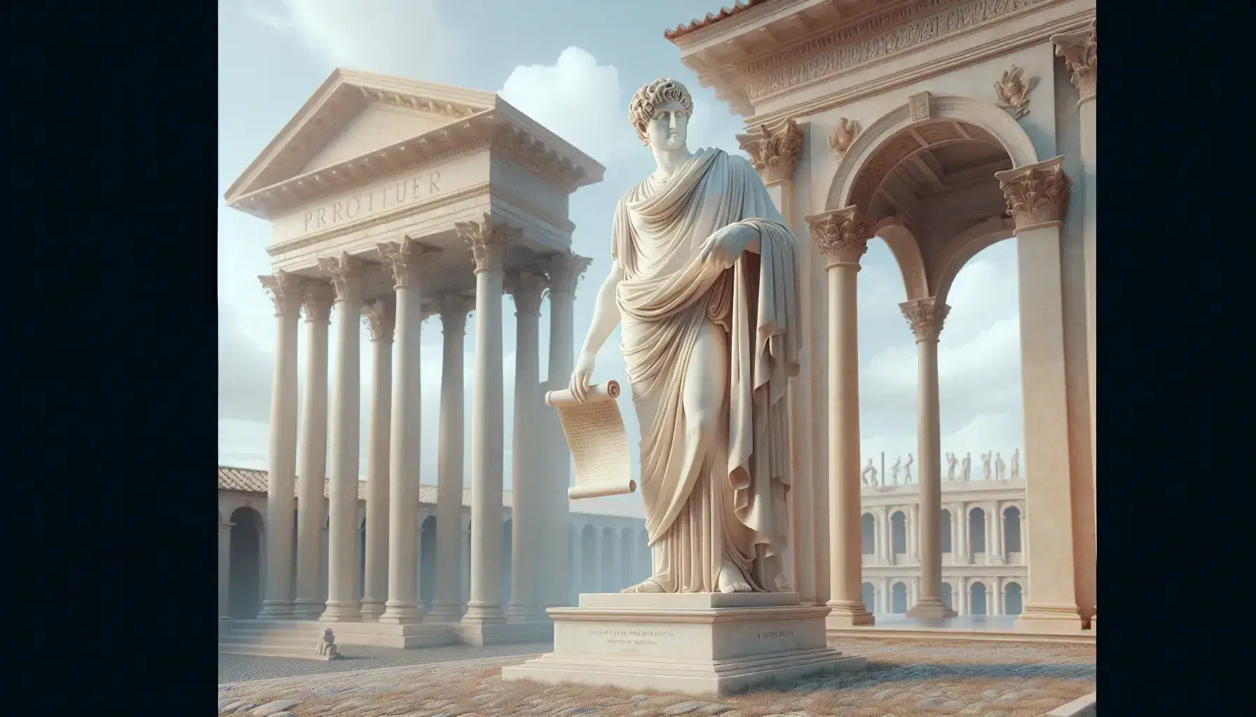 Statua in marmo bianco di Ovidio con toga e papiro, circondata da colonne e archi in stile romano antico, sotto cielo azzurro.