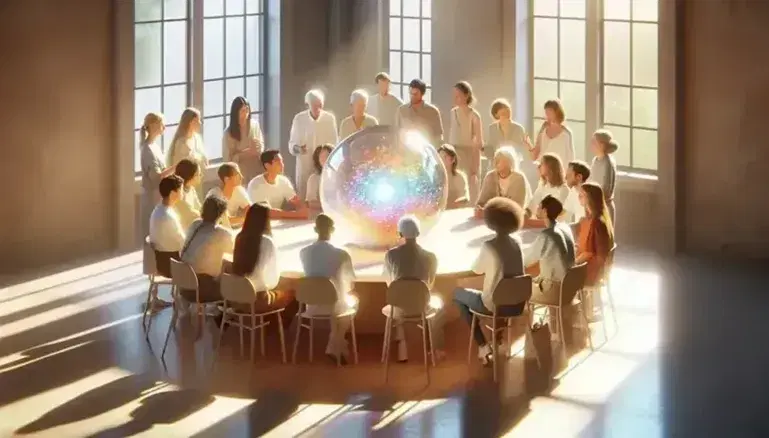 Grupo diverso de personas en animada discusión alrededor de una mesa redonda con una esfera de vidrio multicolor en el centro, en un espacio interior iluminado naturalmente.