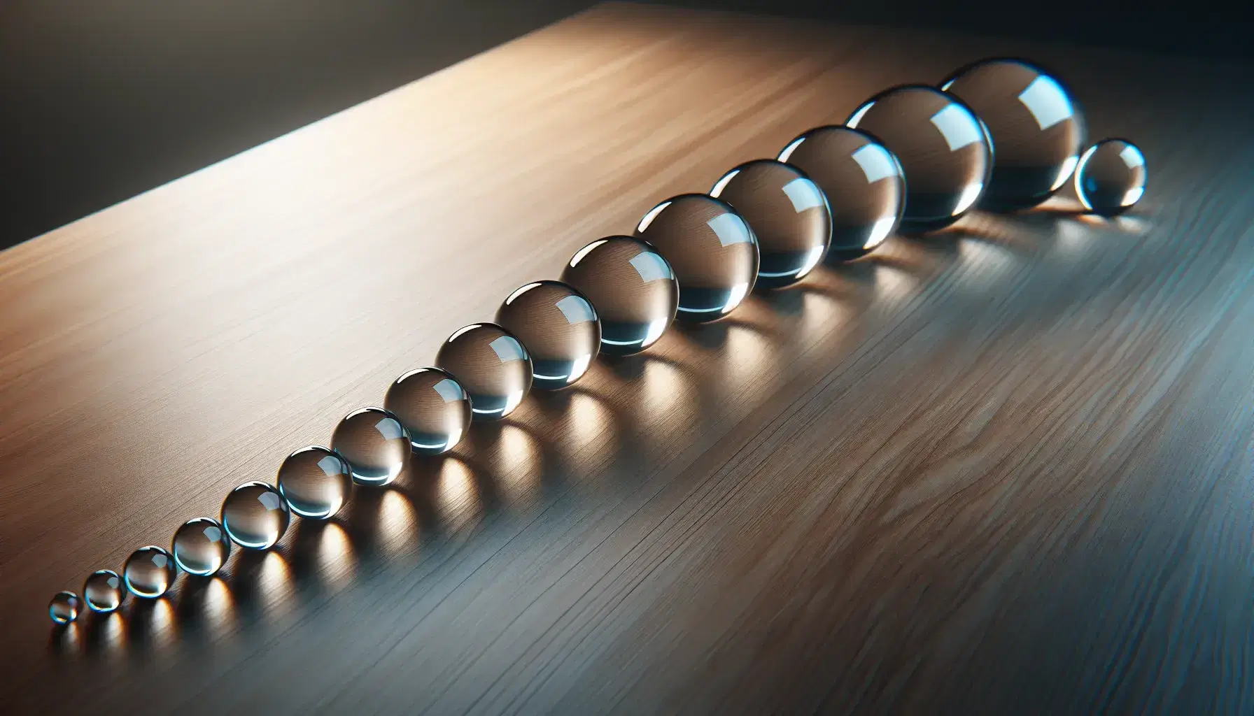 Transparent glass spheres in decreasing sizes arranged diagonally on a wooden table, casting soft shadows, with a softly lit, neutral background.