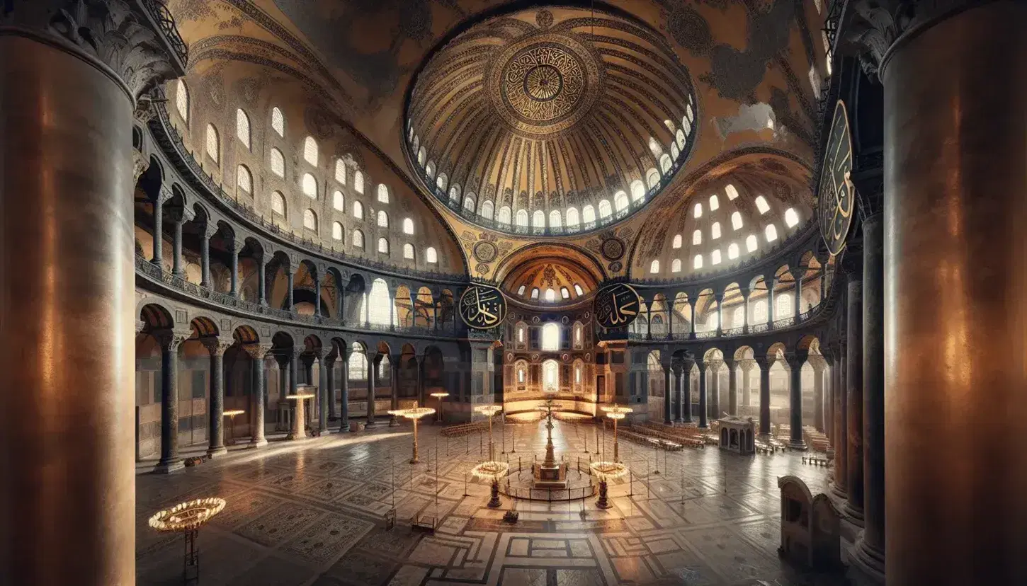 Interior of the Hagia Sophia with golden dome, marble columns, decorated arches and checkerboard floor, reflecting the Byzantine heritage.