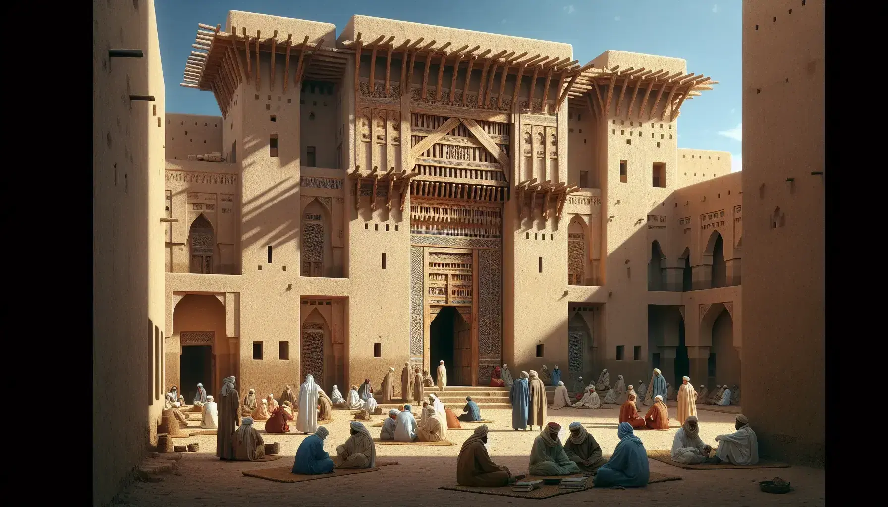 Ancient Saharan stone building with wooden beams, ornate door, and students in traditional robes gathered in a palm-lined courtyard under a clear blue sky.