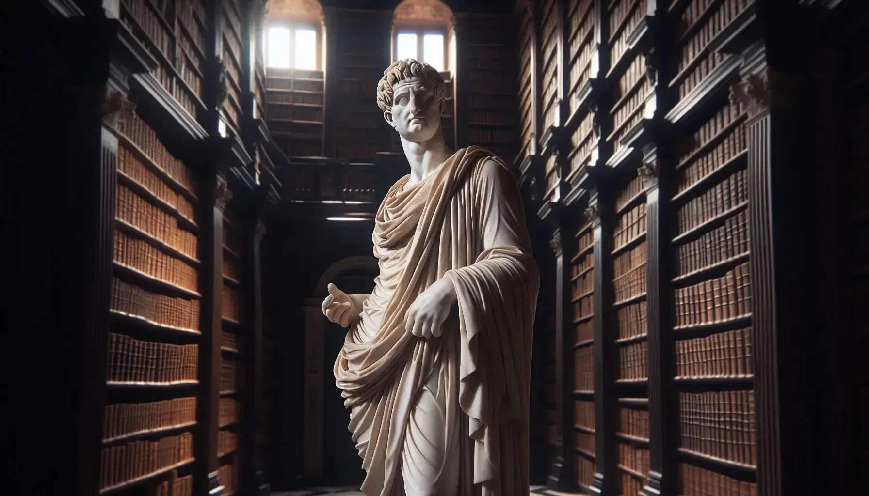 Statua in marmo bianco di figura storica dell'epoca di Cicerone in toga, con scroll nella mano sinistra e destra alzata, in biblioteca antica.