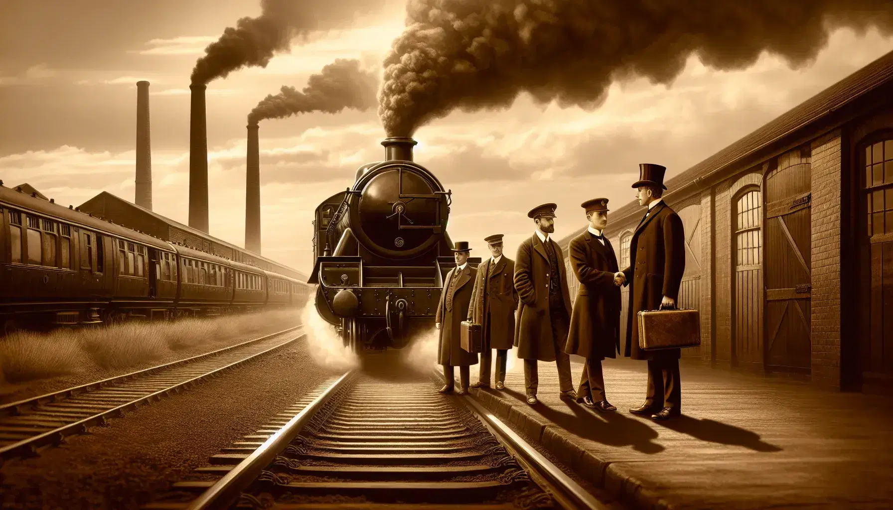 Locomotora de vapor del siglo XX con humo blanco, militares y diplomáticos en conversación, arquitectura industrial con chimeneas y edificios de ladrillo rojo bajo un cielo parcialmente nublado.