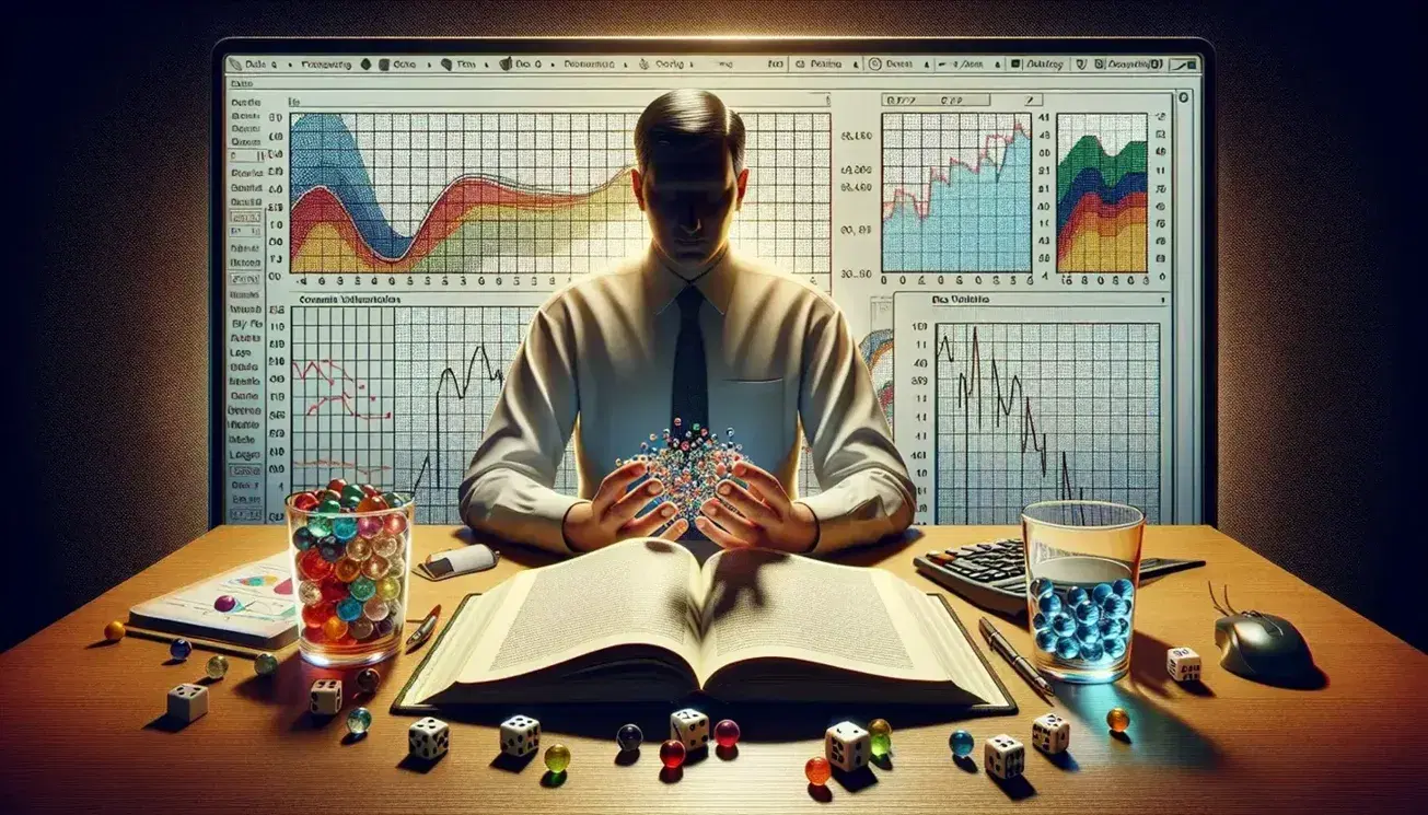 Person sitting at desk with data analysis tools, open notebook, glass with colored marbles and dice, monitor with graph background.