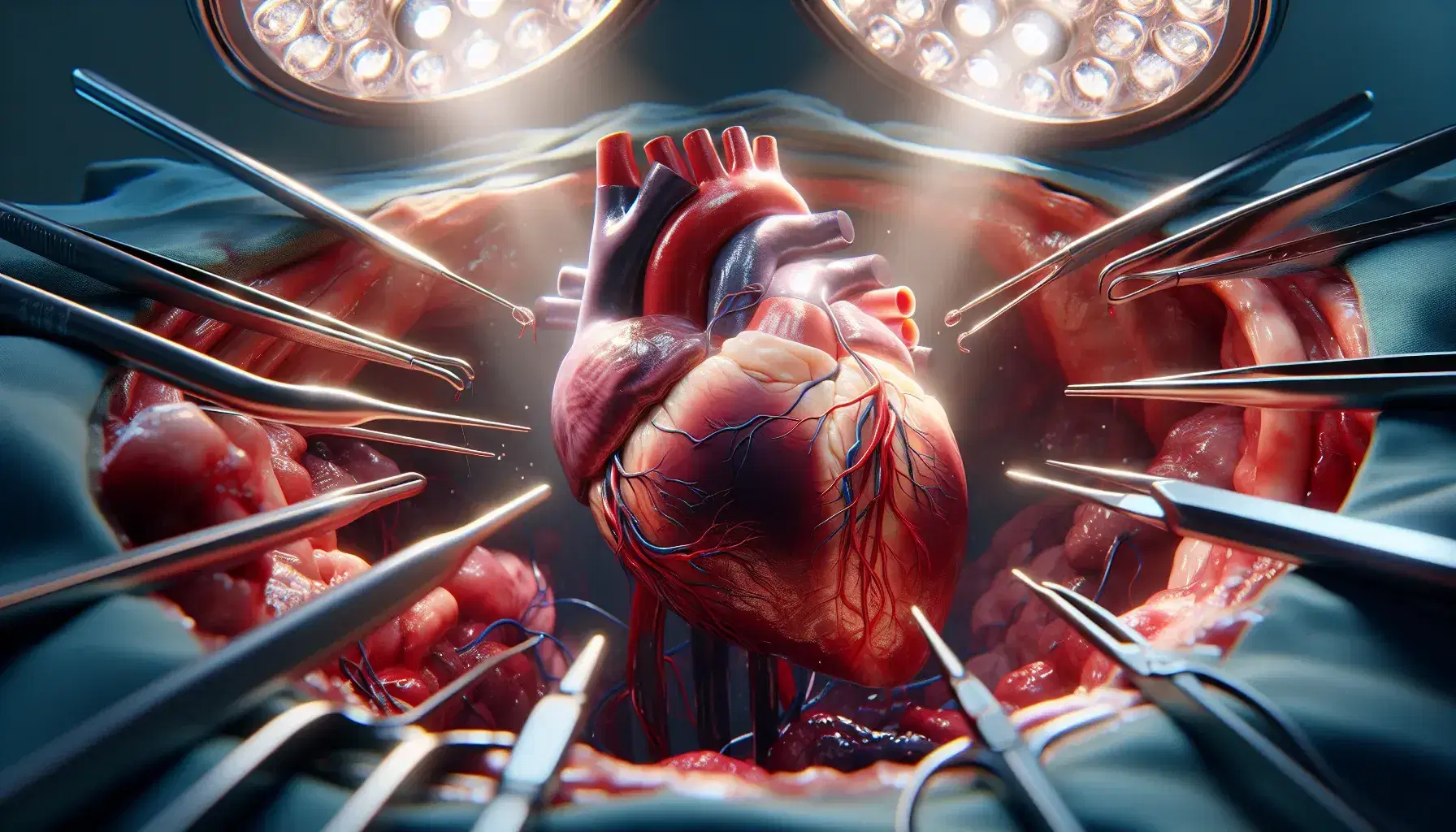 Corazón humano realista durante cirugía con vasos sanguíneos visibles e instrumentos quirúrgicos en fondo desenfocado.