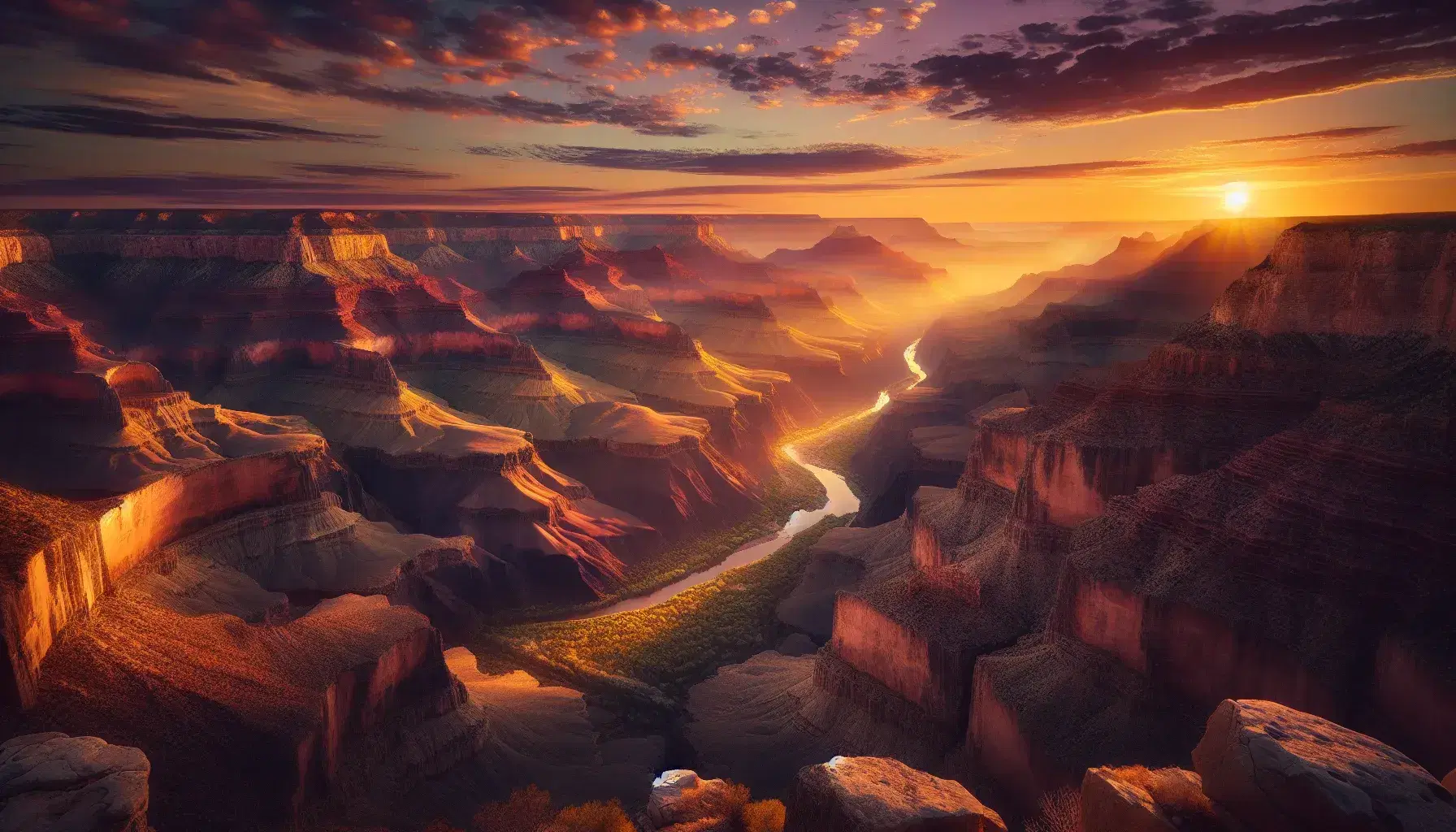 Tramonto sul Grand Canyon con cielo colorato, sole che illumina le pareti rocciose e fiume serpeggiante tra le gole.