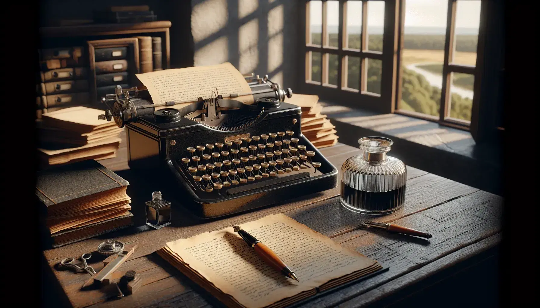 Scrivania in legno scuro con macchina da scrivere vintage, calamaio in vetro, penna stilografica, libro aperto e fogli manoscritti, finestra sullo sfondo.