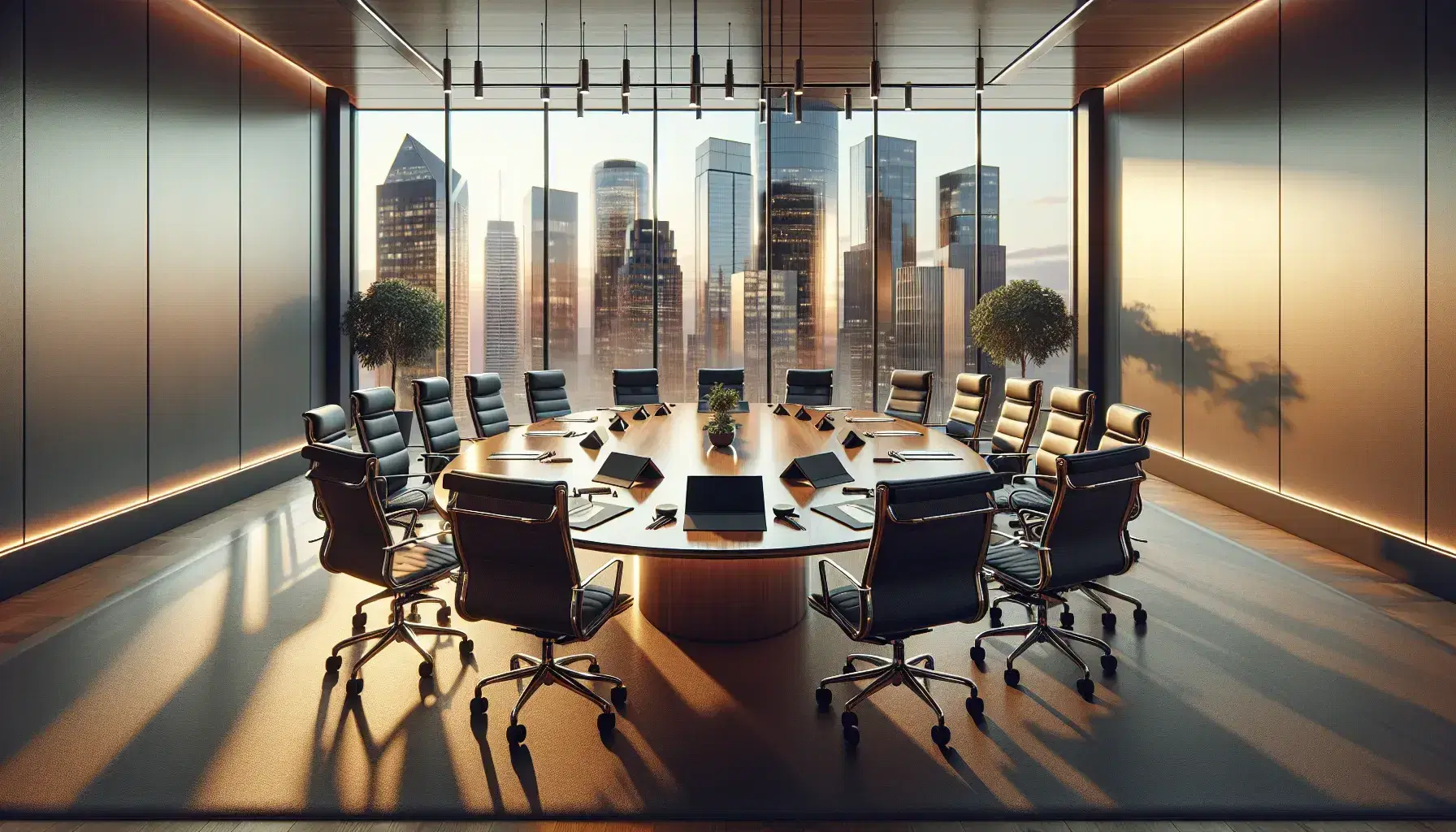 Modern boardroom with oval wooden table, black leather chairs, digital tablets, pens, and panoramic cityscape view through large window at sunset.