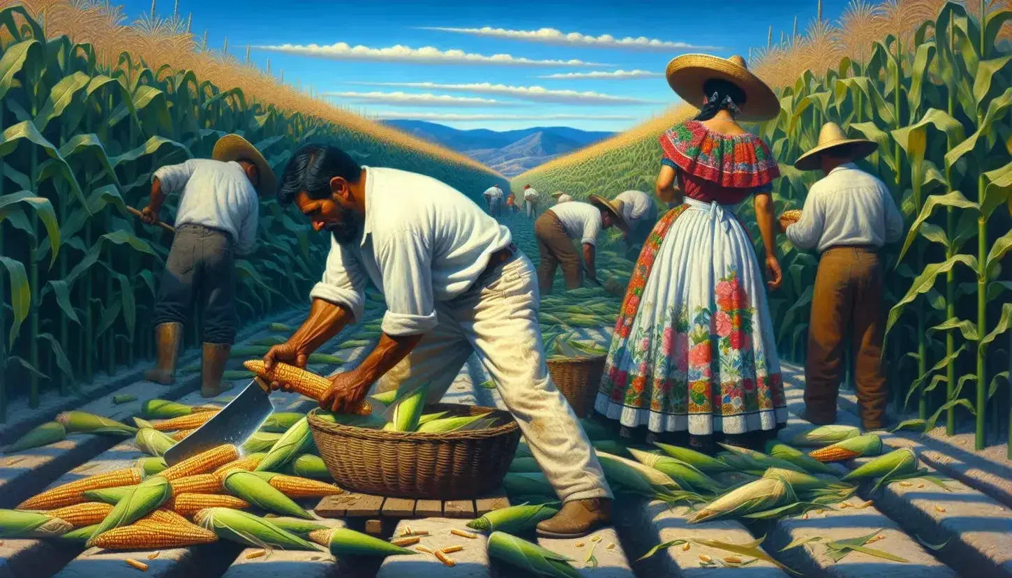 Campesinos trabajando en campo de maíz bajo cielo azul, con hombre cortando mazorcas y mujer recolectando en canasta, rodeados de montañas lejanas.
