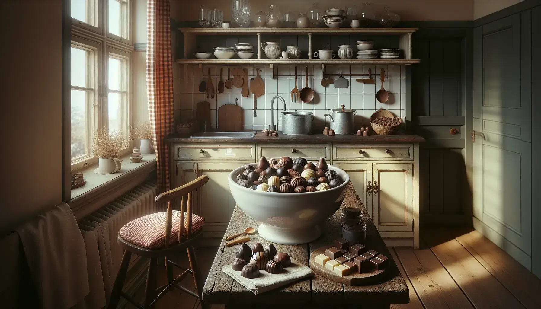 Cucina vintage accogliente con tavolo rustico e ciotola di cioccolatini assortiti, secchiello con cacao e mobiletto con teiera e barattoli.