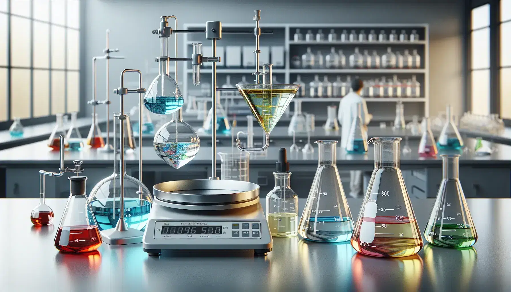 Laboratorio de química con matraces Erlenmeyer de líquidos coloridos, embudo de separación, balanza analítica y técnico usando pipeta automática.