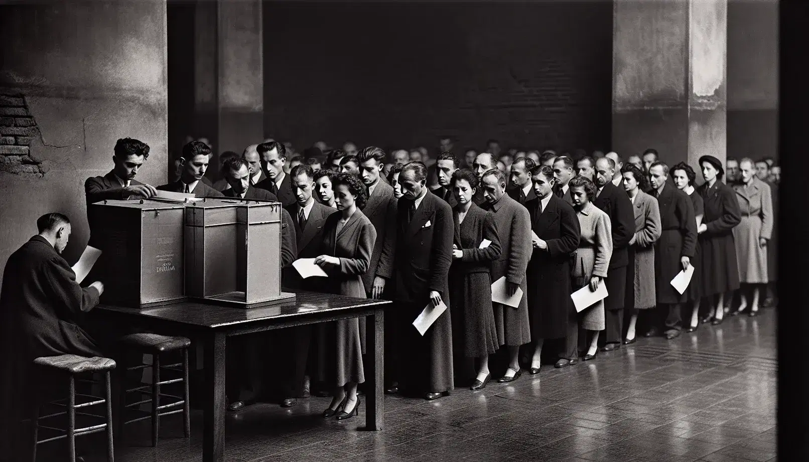 Cittadini italiani in fila per votare nel referendum istituzionale del 1946, donna inserisce scheda in urna.