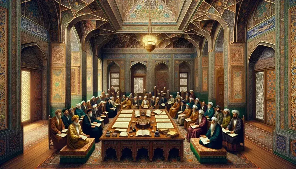 Elegant room with high ceilings, geometric wall patterns, and a central table surrounded by people in traditional attire, with ancient manuscripts and writing tools.