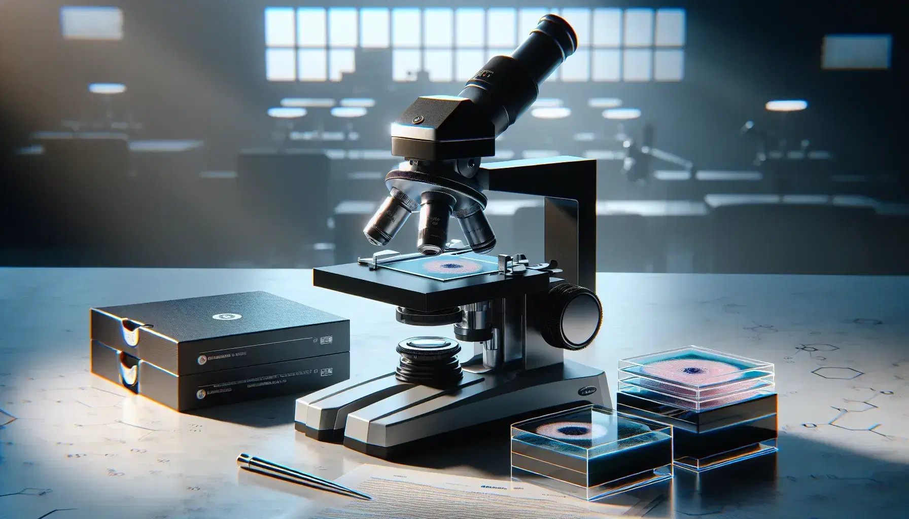Microscopio óptico de laboratorio en blanco y negro con portaobjetos y muestras biológicas teñidas, sobre mesa en entorno de investigación científica.