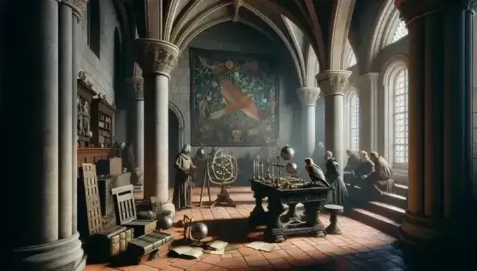Scena medievale in castello con persone in costume attorno a tavolo con strumenti astronomici, falcone su trespolo e trono vuoto.