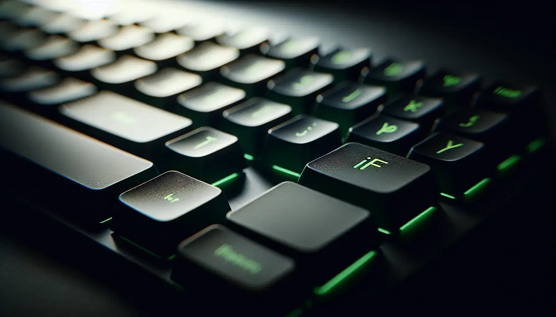 Modern computer keyboard with bright green "IF" keys in the center, elegant design, blurred background that highlights the distinctive keys.