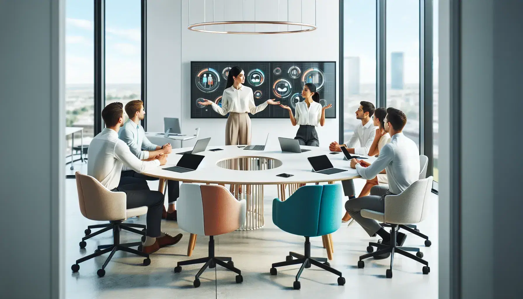 Grupo diverso de profesionales en oficina moderna con mesa redonda, sillas ergonómicas coloridas y dispositivos electrónicos, bajo iluminación natural.