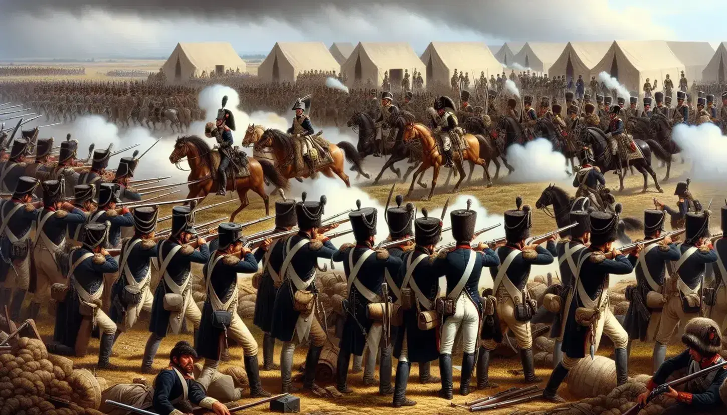 Soldados del siglo XVIII en formación de batalla con uniformes azules y blancos, caballería en movimiento y campamento militar al fondo bajo un cielo nublado.