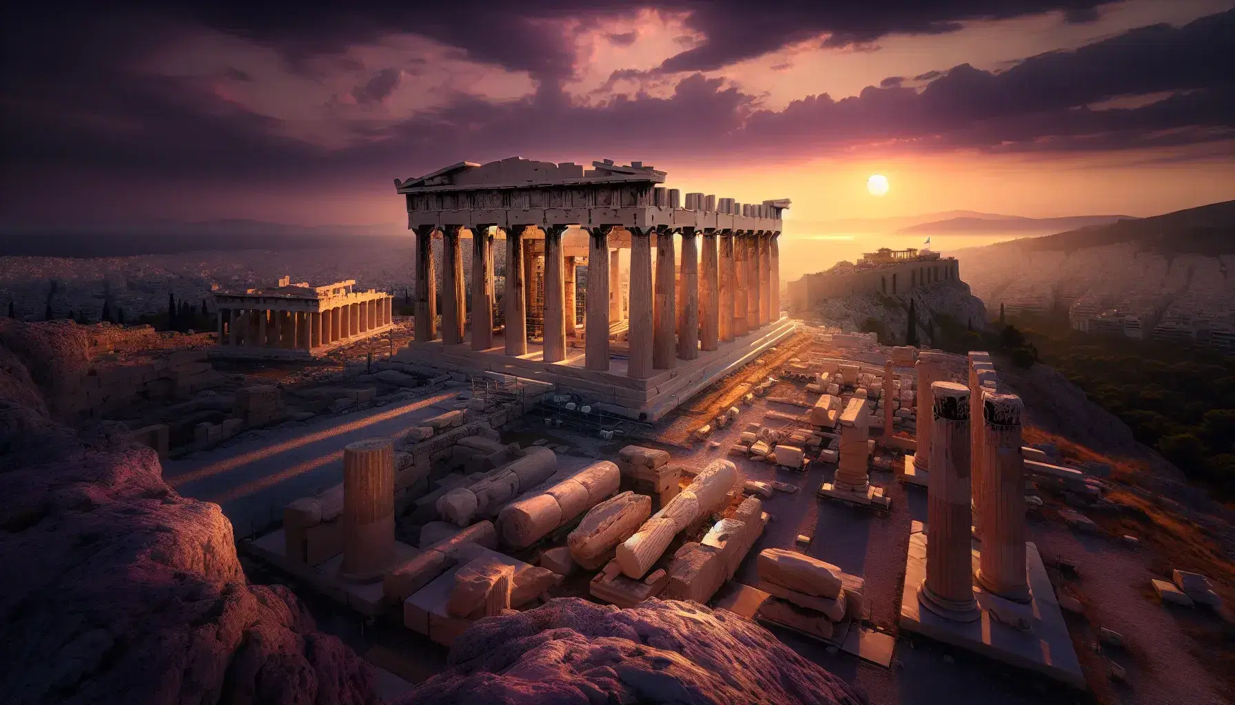 Vista panoramica dell'Acropoli di Atene al tramonto con colonne del Propilei illuminate e Tempio di Athena Nike.