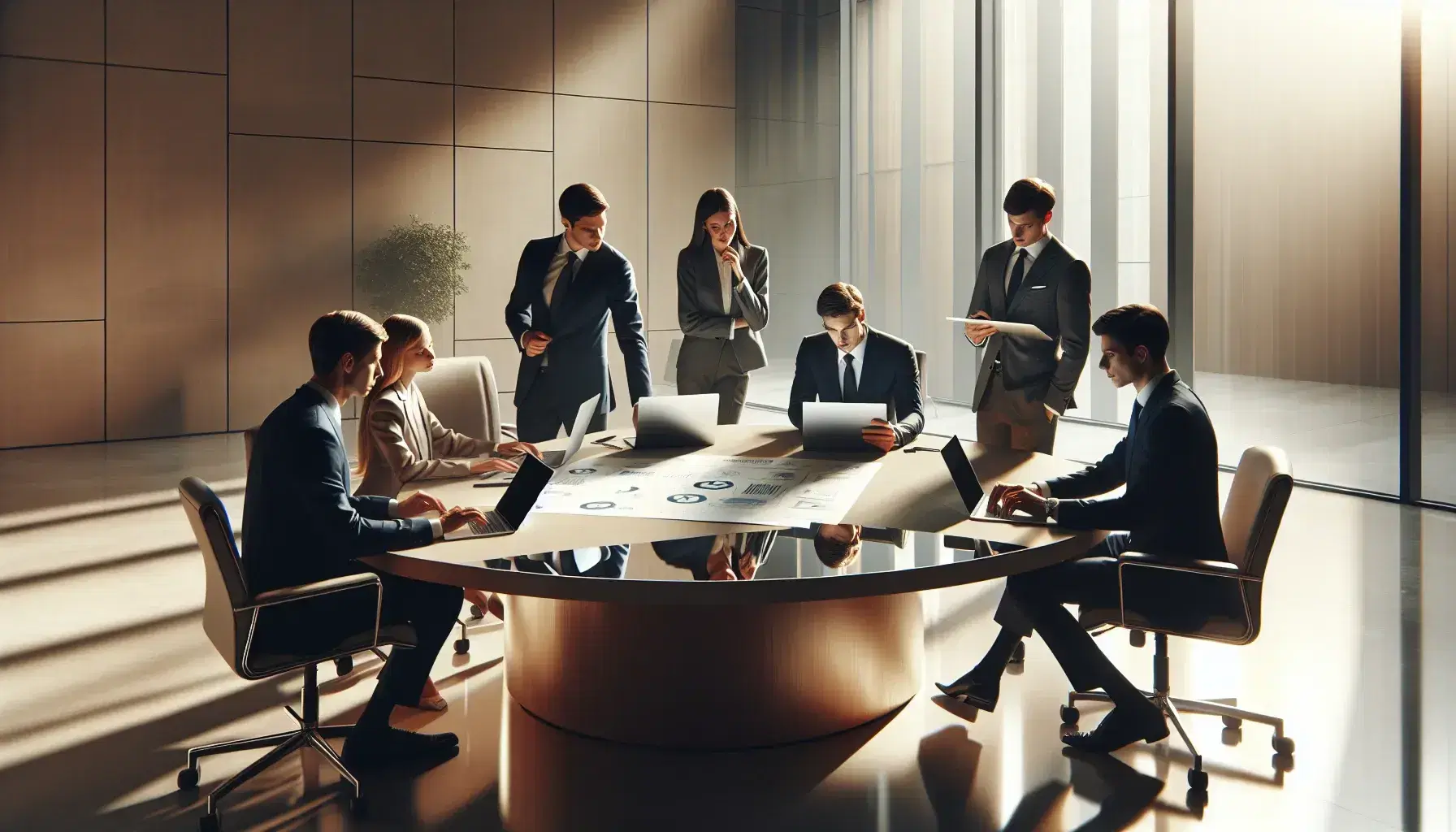Gruppo di cinque professionisti collabora intorno a un tavolo ovale con laptop e documenti, in una sala riunioni illuminata naturalmente.